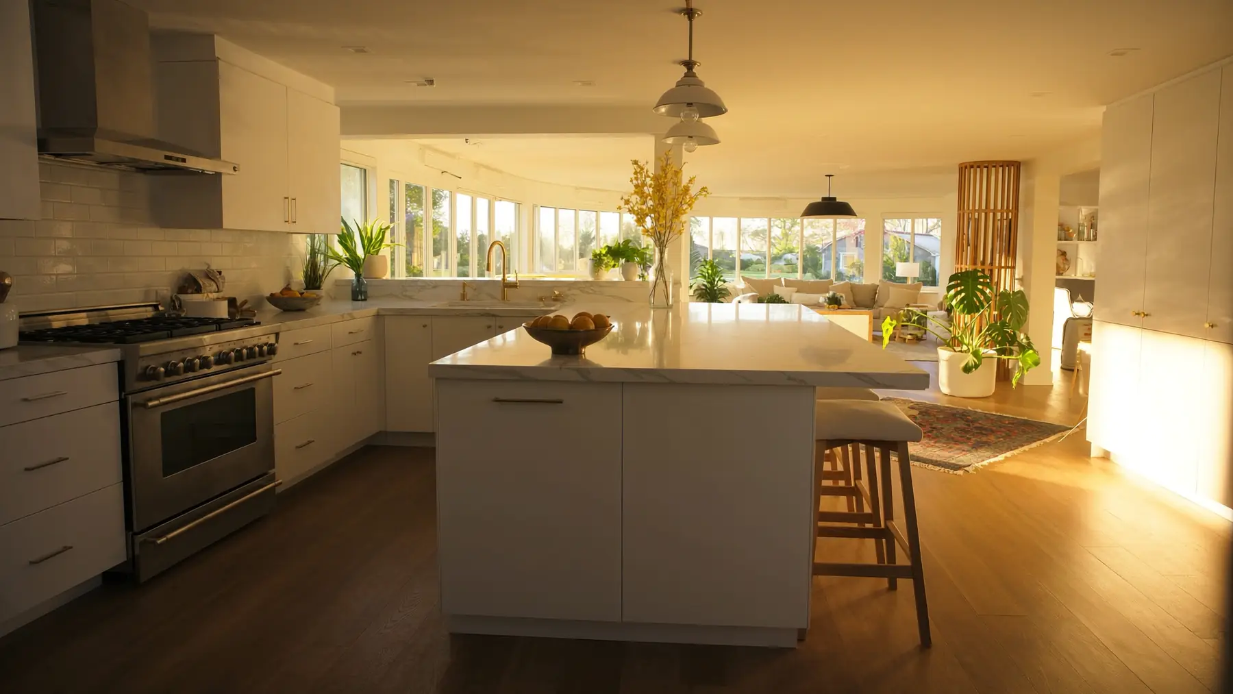 Sunlit kitchen and living space of a family home