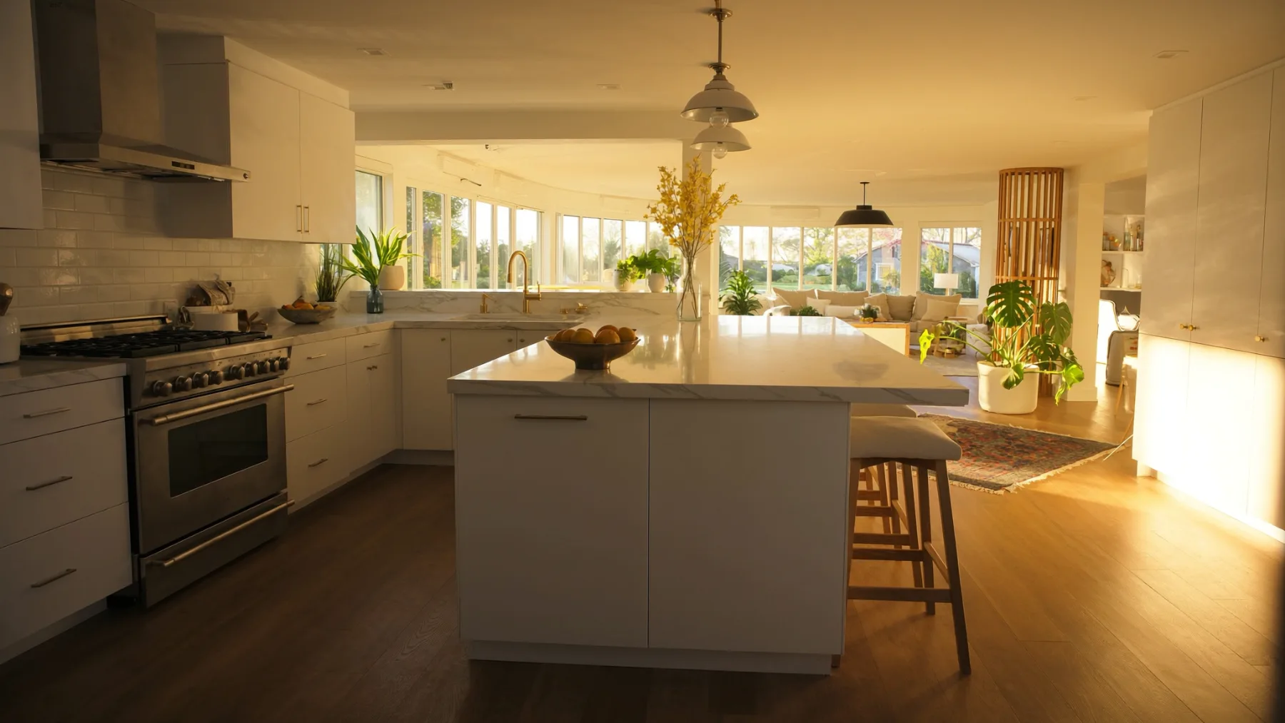 Sunlit kitchen and living space of a family home